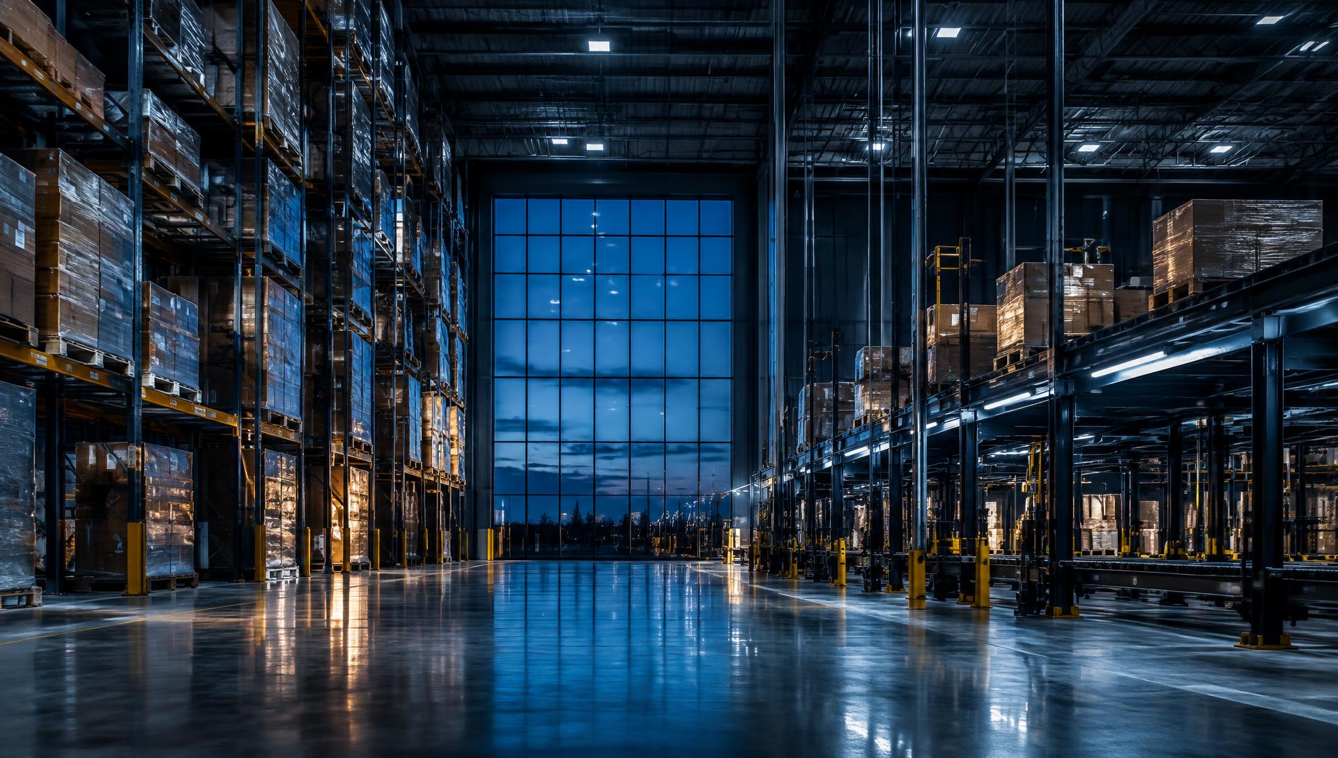 Illustrative modern warehouse interior with tall pallet racking